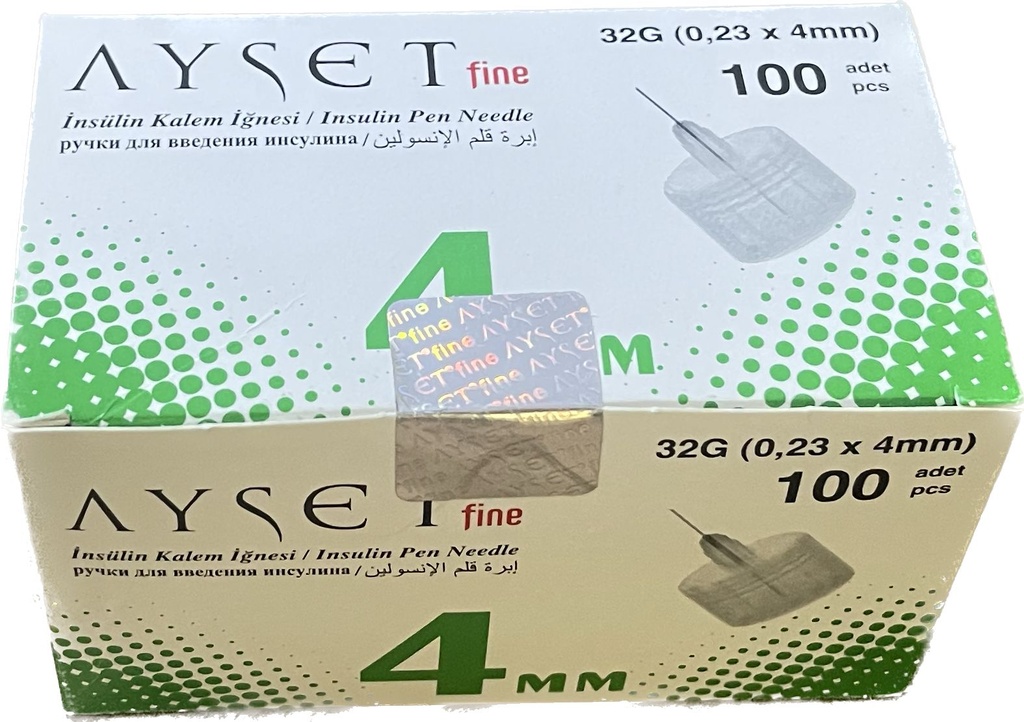 "AYSET Insulin Pen Needls 4 mm  100Pcs/ Box"